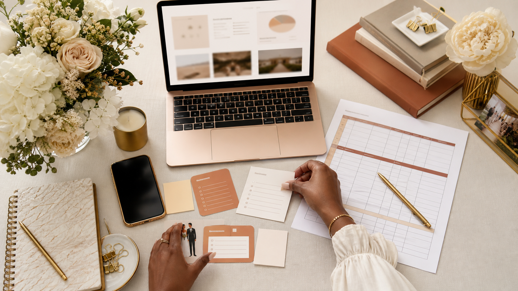 Organized wedding planning tools and checklist cards