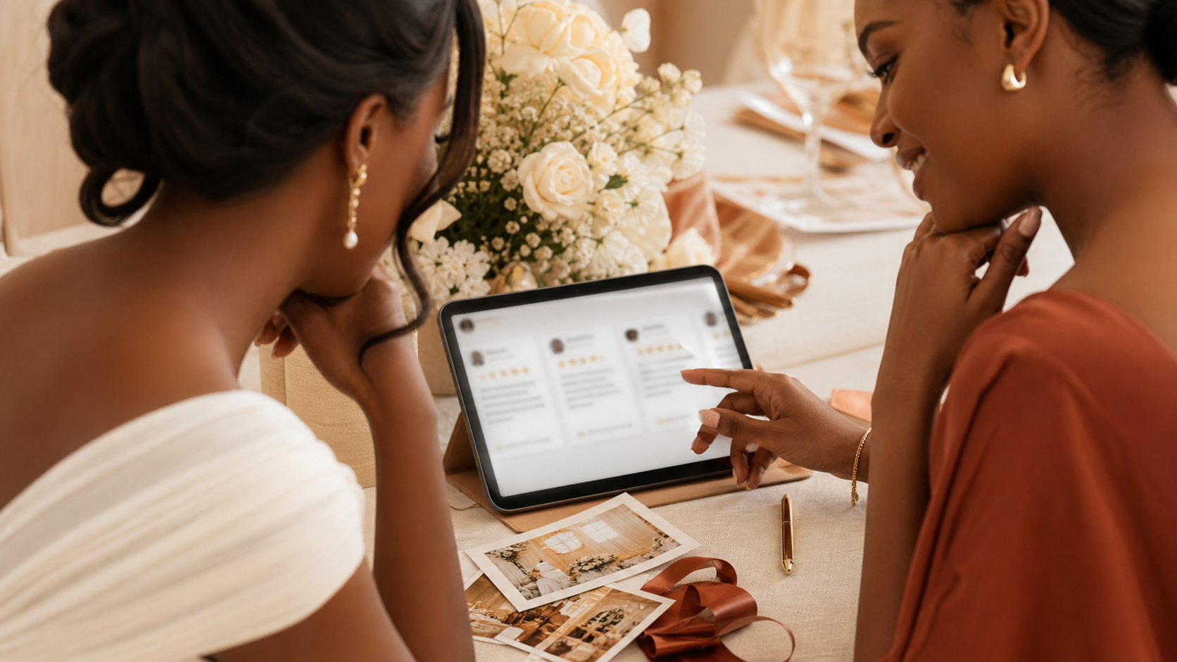 Bride and friend reading wedding vendor reviews